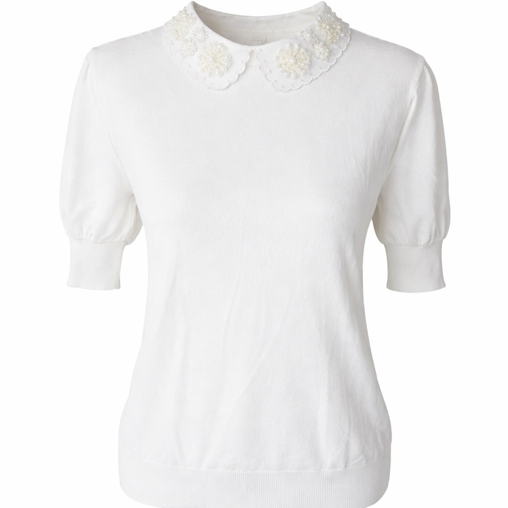 Sioni Milano White Knit Top Pearl Beaded Collar‎ Puff Sleeve Preppy- Medium